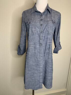 fei Chambray Denim Shirt Long Tunic Sz Large Preppy Casual Western